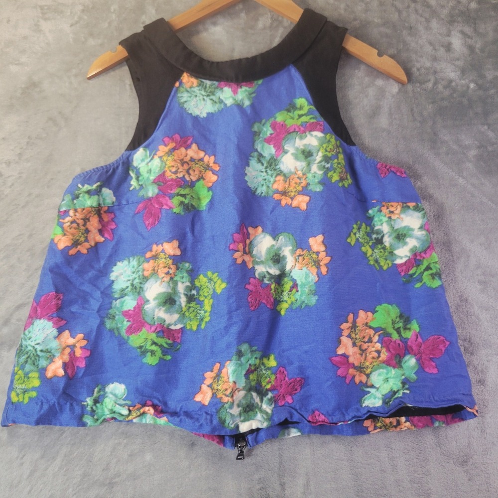 HD in Paris Anthropologie Blue Floral Full Zip Back Silk Blend Top Size 12 Retro